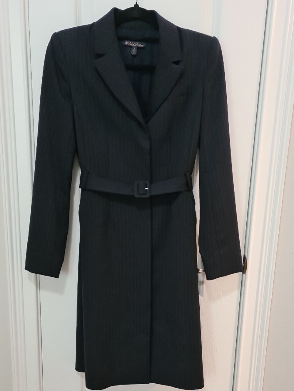 Brooks Brothers - Navy Pinstripe Belted Wool Midi Blazer Dress